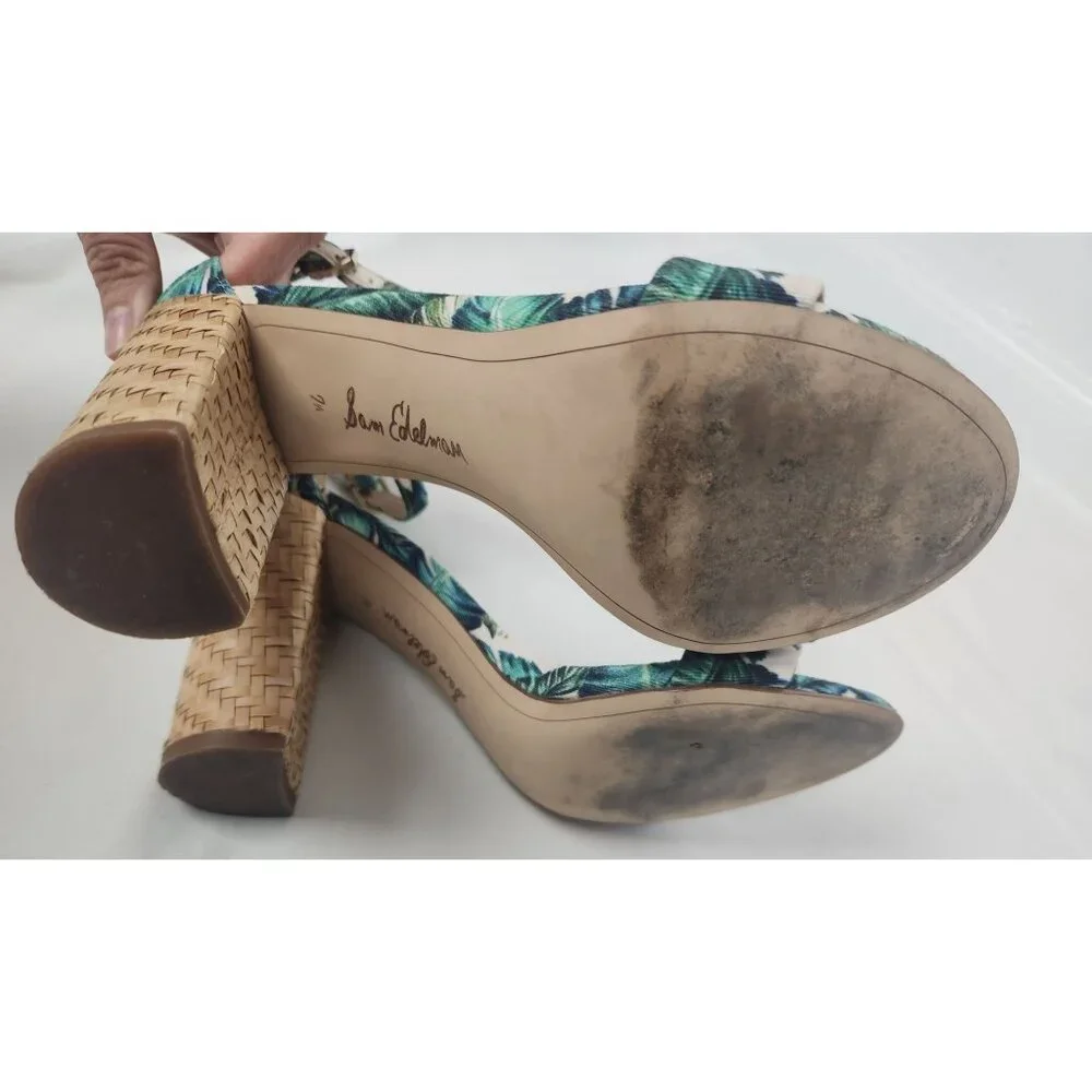 Sam Edelman Women's Sz. 7.5 Yaro Jade Palm Print Ankle Strap Sandals - Picture 7 of 8
